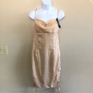PrettyLittleThing Champagne Satin Cowl Ruched Side Strappy Bodycon Dress Sz 4